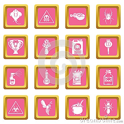 Poison danger toxic icons set pink square vector Vector Illustration