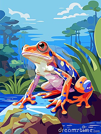 Poison dart frog on a branch in the rainforest. Tropical rainforest reptiles animals. Vector Vector Illustration