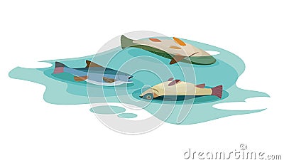 Poisoned dead fish in a dirty water Vector Illustration