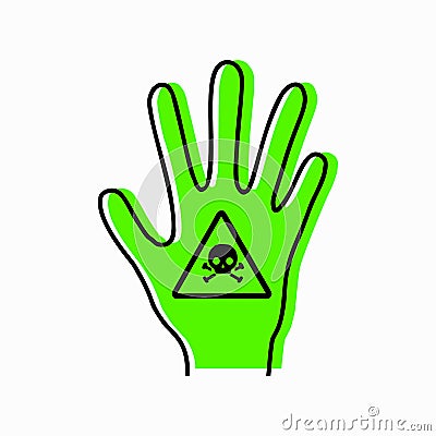 Poisoning a person. Intoxication of limbs. Contour silhouette of hand with poison icon and green silhouette on white background. Vector Illustration