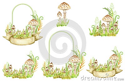 Poisonous mushrooms watercolor frame set, toadstool, inedible toxic mushroom with ribbon banner, fly agaric, white Cartoon Illustration