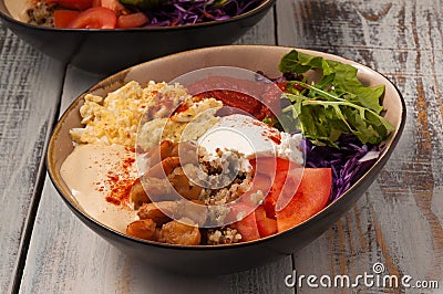 Poke with vegetables, egg scramble, cottage cheese and shrimp Stock Photo