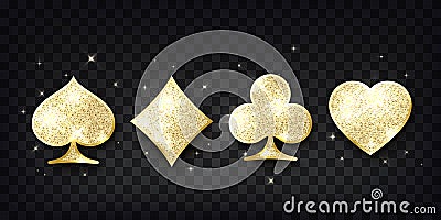 Poker cards suit. Four casino playing card golden glitter symbols. Design element. Vector Vector Illustration