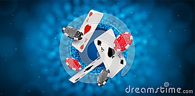 Poker casino background gamble vegas vector banner design. Casino poker flying cards and chips. Vector Illustration