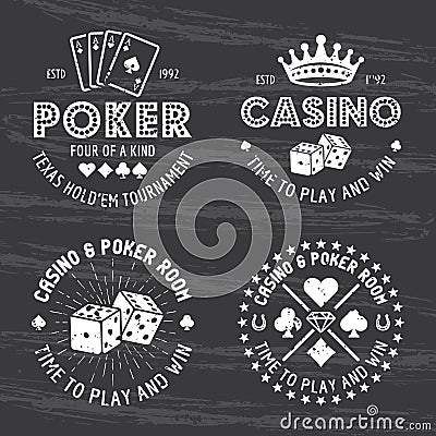 Poker and casino set of four vector light gambling emblems, labels, badges or logos in vintage style isolated on dark Vector Illustration