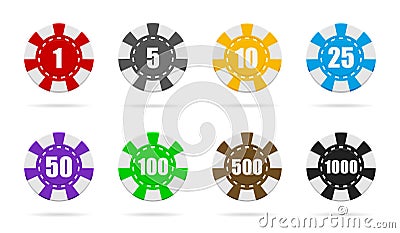 Poker chip of casino. Token or coin isolated on white background. Set of red, blue, black, green, gold chips for game in Las Vegas Vector Illustration