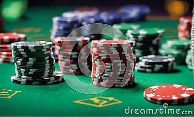 poker chips and cards gambling, fortune, game and entertainment concept close up of casino chips on green table surface Stock Photo