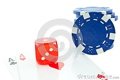 Poker chips, cards and red dice cube isolated Stock Photo