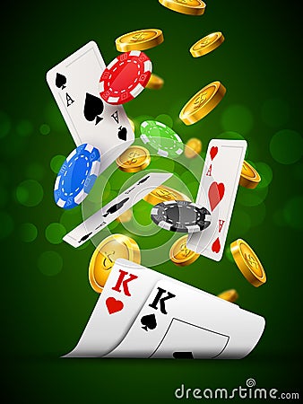 Poker chips casino green poster. Gamble cards and coins success winner royal casino background Vector Illustration