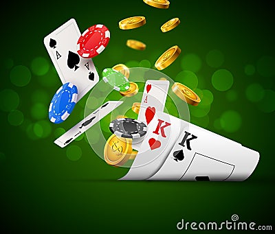 Poker chips casino green poster. Gamble cards and coins success winner royal casino background Vector Illustration