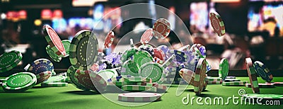 Poker chips falling on green felt roulette table, blur casino interior background. 3d illustration Cartoon Illustration