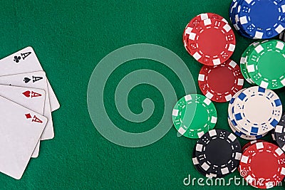 Poker chips with playing cards on table for blackjack. Casino and gambling Stock Photo