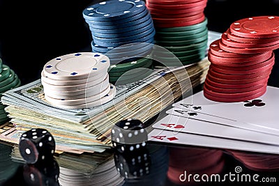 Poker combinations - chips, money and card isolated on black Stock Photo