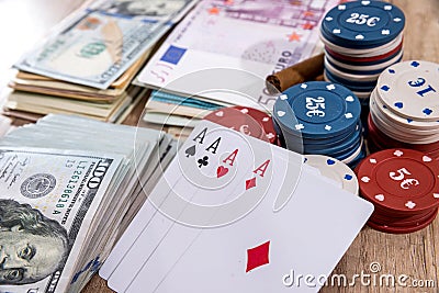 chips, paly card, money on desk. Stock Photo