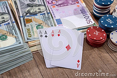 Poker combinations - chips, paly card, money Stock Photo