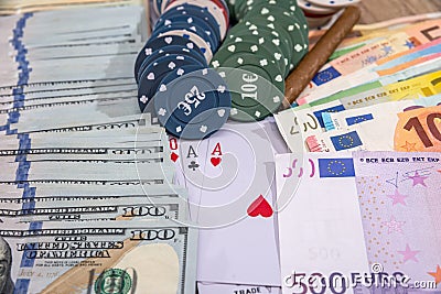 Poker combinations - chips, paly card money Stock Photo