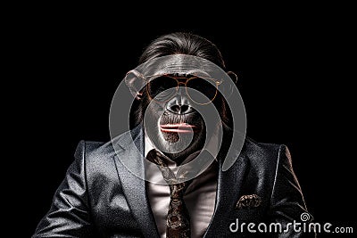 Poker Face Bonobo In Suit And Sunglasses On Black Background. Generative AI Stock Photo