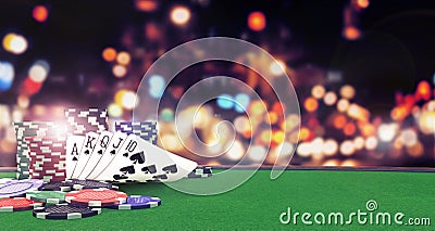 Poker flush royal background with casino chips on green table Stock Photo