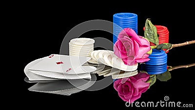 Poker games with a pink rose and chips Stock Photo