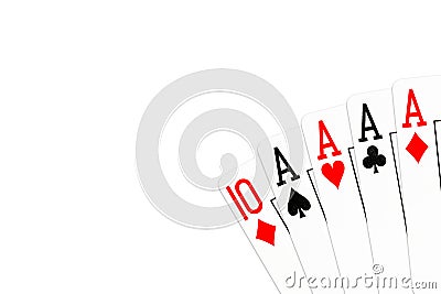 Poker hand four of a kind in aces with 10 of diamonds as kicker Stock Photo