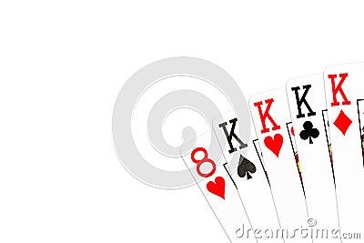 Poker hand four of a kind in kings with 8 of hearts as kicker Stock Photo