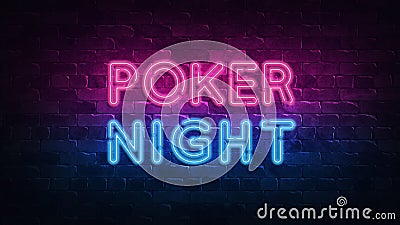 Poker night neon signboard in retro style. Vegas gambling concept. Night party. neon text. Brick wall lit by neon lamps. Night Cartoon Illustration