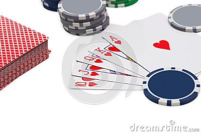 Poker, royal flush and gambling chips Stock Photo