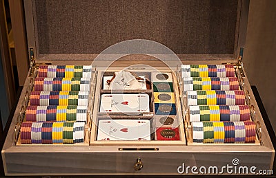 Poker set box,playing cards,tokens Editorial Stock Photo