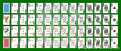 Poker set with isolated cards on green background. Poker playing cards, full deck Vector Illustration