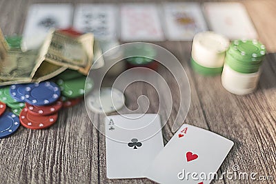 Poker theme with money. chips and cards Stock Photo