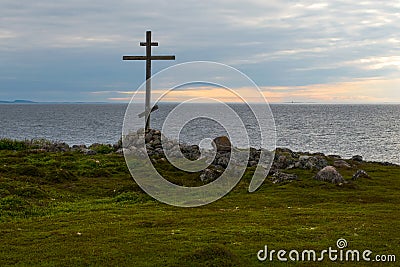 Poklonny cross by the sea on Bolshoy Zayatsky Island Editorial Stock Photo