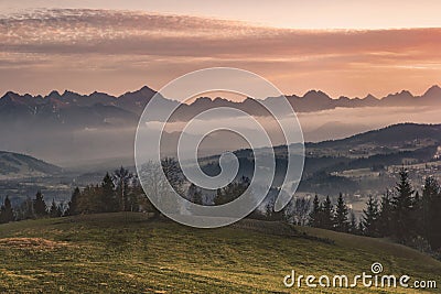 Poland, autumn, beautiful sunset over the Tatras, mountains: View Stock Photo