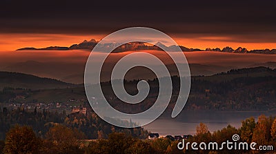 Poland, Autumn Morning. Epic Sunrise Over Tatry Mountains: View Stock Photo