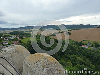 Poland, BolkÃ³w - the Sudety mountains visibly from castle. Stock Photo