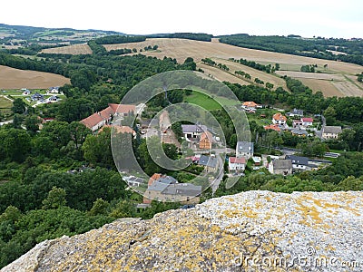 Poland, BolkÃ³w - the Sudety mountains visibly from castle. Stock Photo