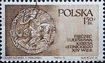 POLAND-CIRCA 1975 : A post stamp printed in Poland showing an ancient coin. Piast Dynasty in Silesia Editorial Stock Photo