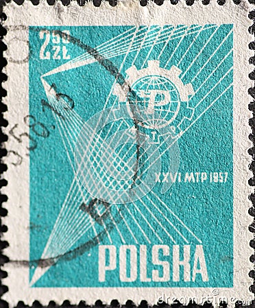 POLAND-CIRCA 1957: A post stamp printed in Poland showing a the emblem of the Trade Fair in Poznan Editorial Stock Photo