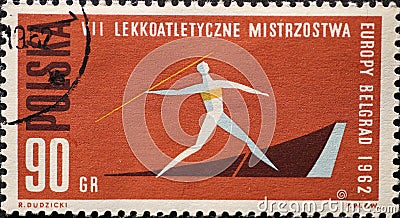 POLAND-CIRCA 1962 : A post stamp printed in Poland showing the graphic of a javelin thrower athlete throwing the javelin at the Eu Editorial Stock Photo
