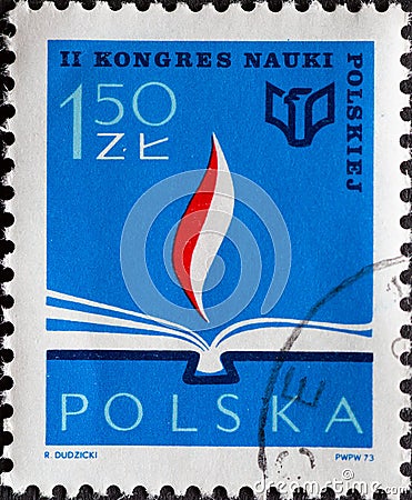 POLAND-CIRCA 1973: A post stamp printed in Poland showing a graphic flame in the book. Second Congress for Polish Science in Warsa Editorial Stock Photo