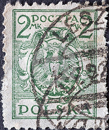 POLAND-CIRCA 1919 : A post stamp printed in Poland showing the heraldic animal of the eagle in the Coat of Arms of Poland. North P Editorial Stock Photo
