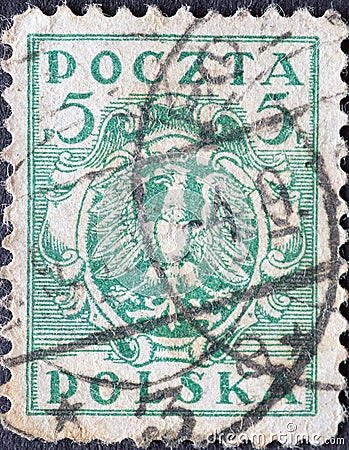 POLAND-CIRCA 1919 : A post stamp printed in Poland showing the heraldic animal of the eagle in the Coat of Arms of Poland. North P Editorial Stock Photo