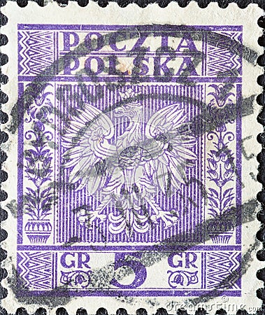 POLAND-CIRCA 1932 : A post stamp printed in Poland showing the heraldic animal of the eagle in the Coat of Arms of Poland - Vertic Editorial Stock Photo