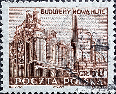POLAND-CIRCA 1951 : A post stamp printed in Poland showing a historical picture of the Nowa Huta Steelwork Editorial Stock Photo