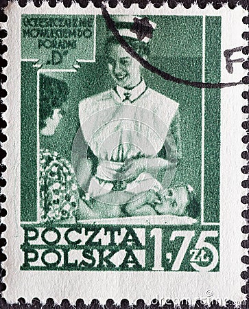 POLAND-CIRCA 1953 : A post stamp printed in Poland showing a historical picture of a pediatric nurse in uniform with a baby. Healt Editorial Stock Photo