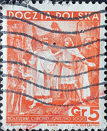 POLAND-CIRCA 1938 : A post stamp printed in Poland showing a historical scene on the occasion of The 20th Anniversary of the Repub Editorial Stock Photo