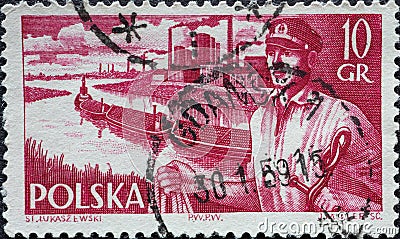 POLAND-CIRCA 1956 : A post stamp printed in Poland showing a portrait of a sailor in port with tugs and barges Editorial Stock Photo