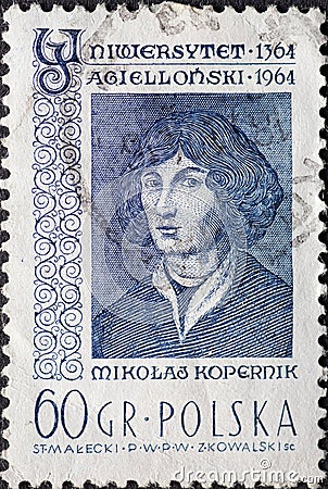 POLAND-CIRCA 1964 : A post stamp printed in Poland showing a portrait of the scientist and astronomer Nicolaus Copernicus. Drawing Editorial Stock Photo