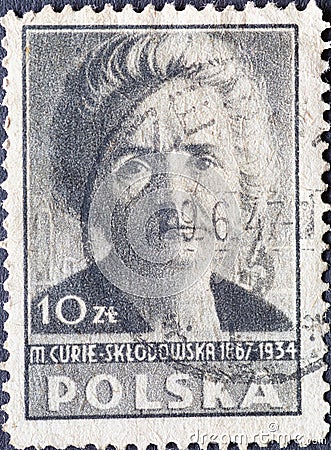 POLAND-CIRCA 1947: A post stamp printed in Poland showing a portrait of the scientist and physicist Marie Sklodowska Curie Editorial Stock Photo