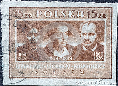 POLAND-CIRCA 1947: A post stamp printed in Poland showing the portrait of the writers Stanislaw Wyspianski, Juliusz Slowacki, and Editorial Stock Photo