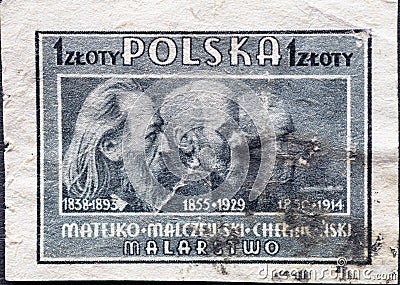 POLAND-CIRCA 1947: A post stamp printed in Poland showing the portraits of the painters Jan Matejko, Jacek Malczewski, and Josef C Editorial Stock Photo